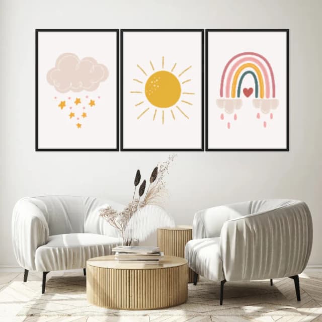 Kit Quadros Decorativos Nuvem Sol E Arco Íris
