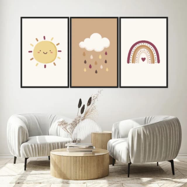 Kit Quadros Decorativos Nuvem Sol E Arco Íris
