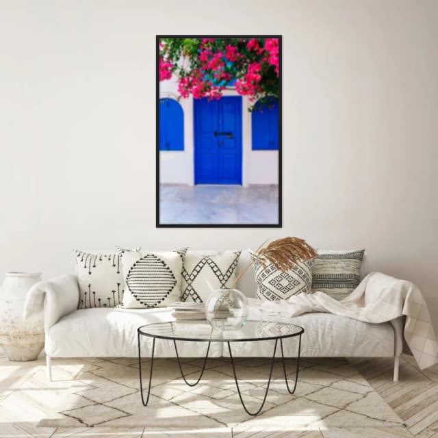 Quadro Decorativo Porta Azul Com Rosas