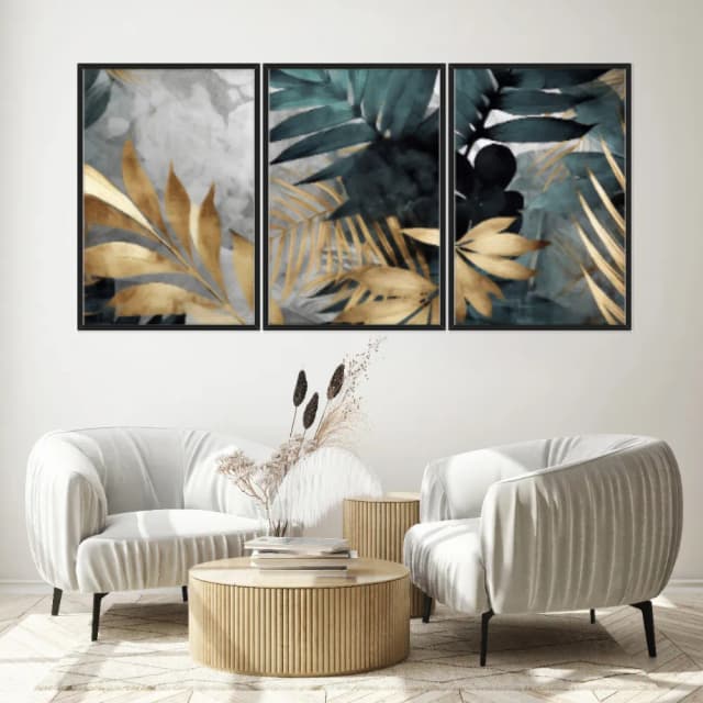 Kit Quadros Decorativos Planta Dourada