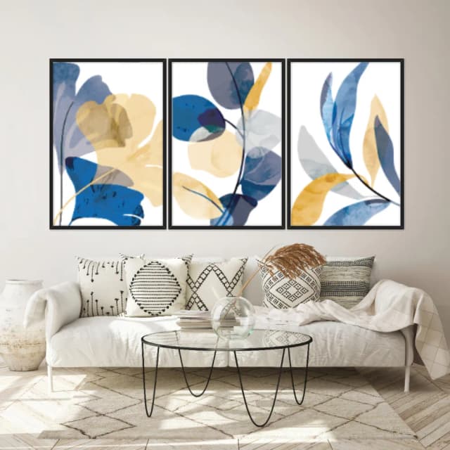 Kit Quadros Decorativos Folhas Amarela E Azul