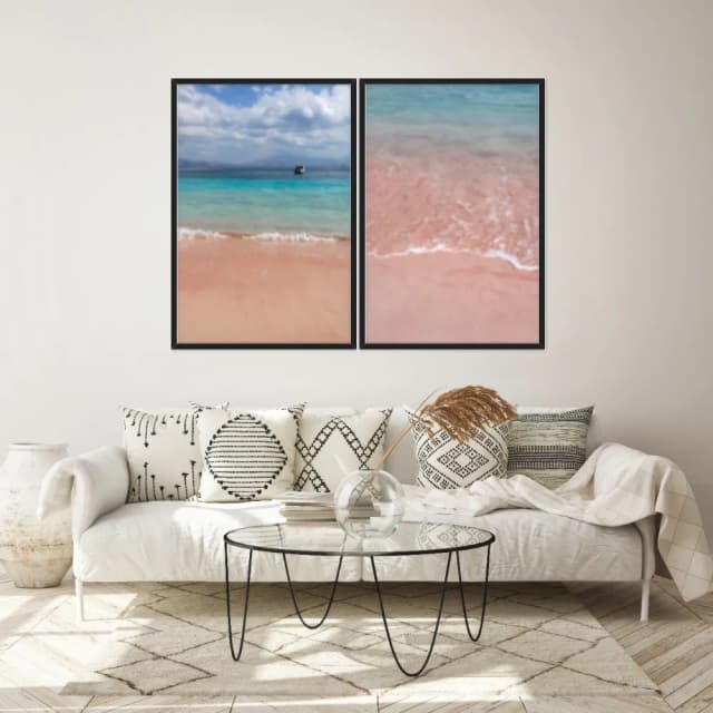 Kit Quadros Decorativos Mar Azul Com Areia Rosa