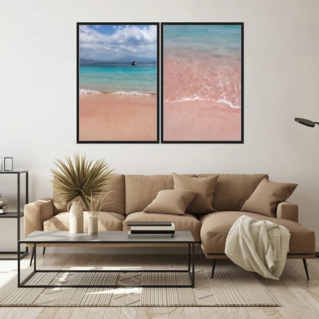 Kit Quadros Decorativos Mar Azul Com Areia Rosa