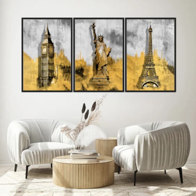 Kit Quadros Decorativos Pintura Dourada Paris Londres E Nova York